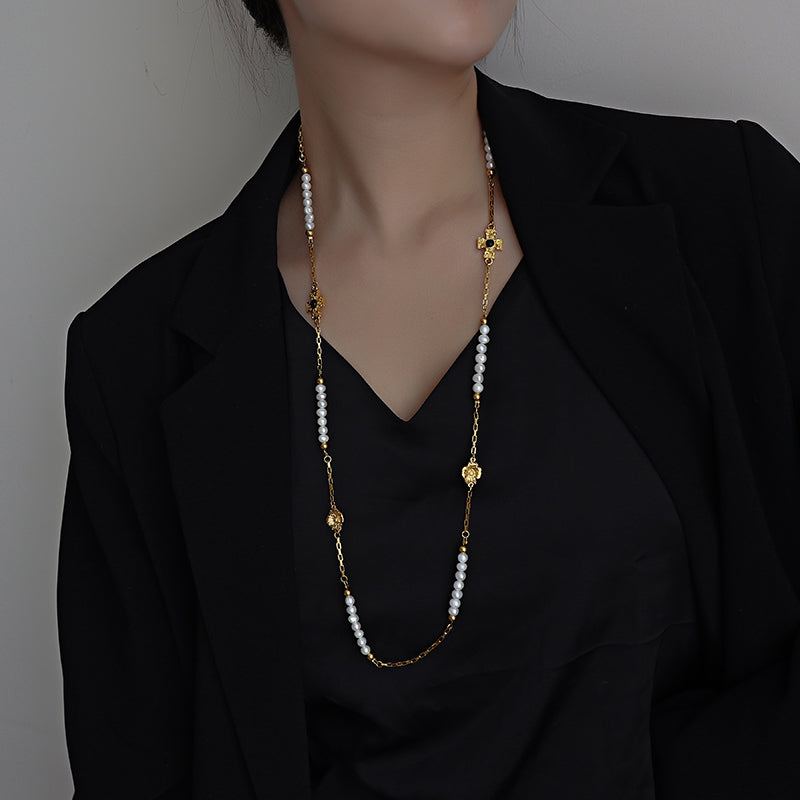 Long Sweater Chain Real Pearl with Gold Cross Designed Necklace 18K Gold Plated