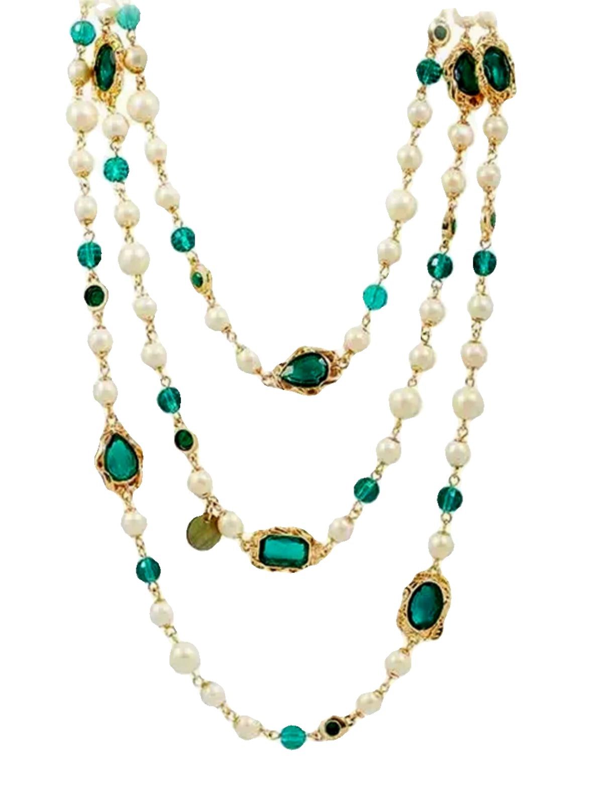 Green Crystal and Shell Pearl Long Necklace Glass and Pearl Dress Chain Sweater Chain