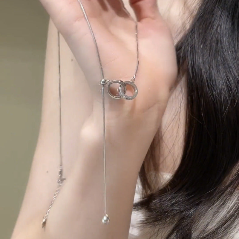 Silver Double Hoop Pendant Necklace Adjustable Chain Silver Plated Necklace