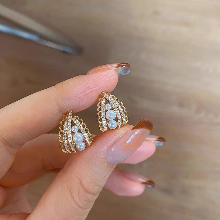 Elegant Lace Hoop Earrings White and Gray Pearl Earring Hoops with Silver Pin