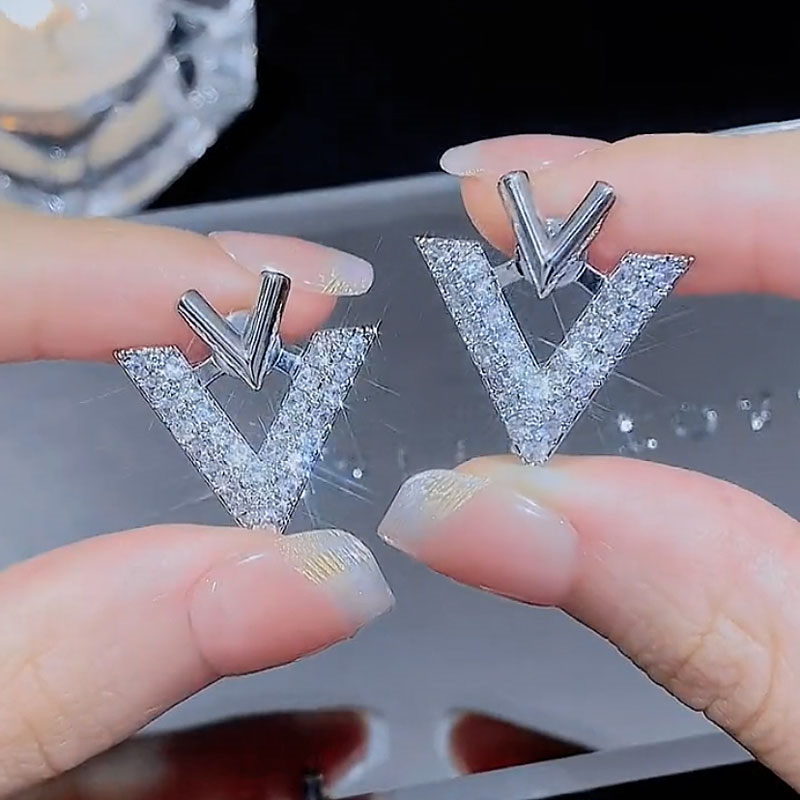 Luxury Double V Earring Jackets Gold and Crystal Drop Earrings S925 Silver Pin