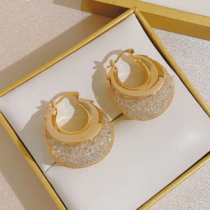 Gold and Crystal Huggie Earrings Chunky Hoop Earrings Silver Pin