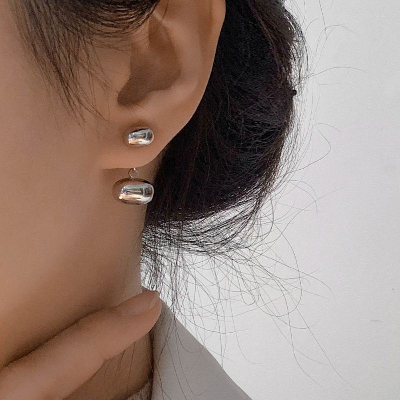 Chaquetas con pendientes de frijol dorado y plateado Pendientes colgantes delanteros y traseros con vibración metálica con pin de plata S925