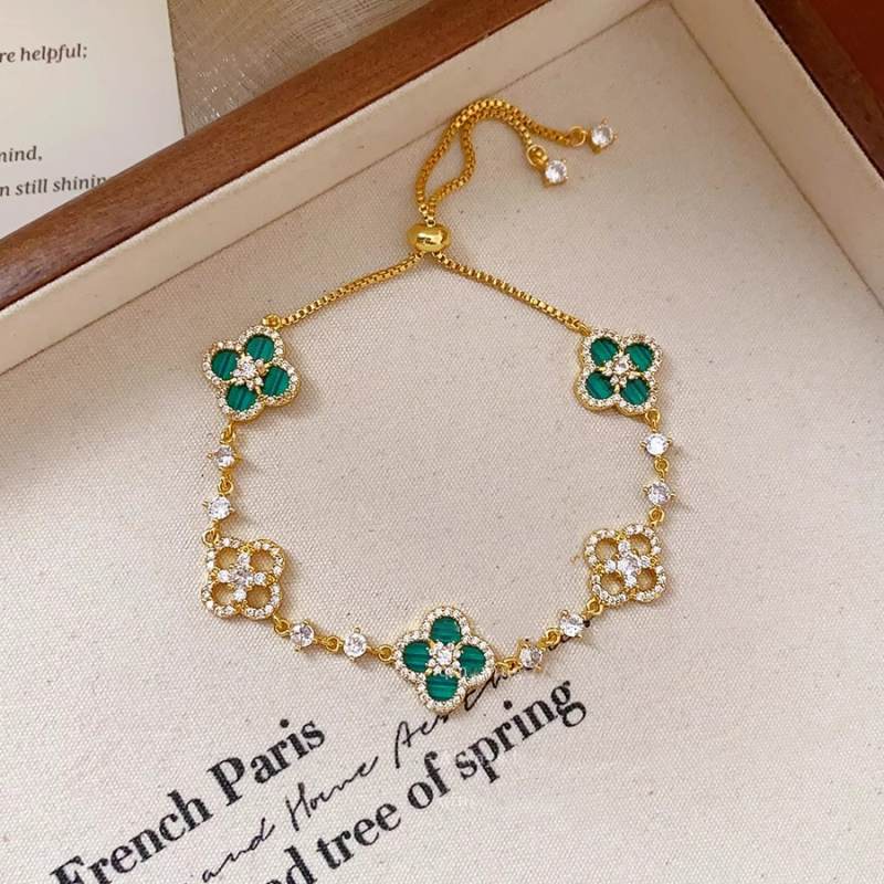 Crystal Clover Bracelets Luxury Style 14K Gold Plated Pink Clover Bracelet Length Adjustable
