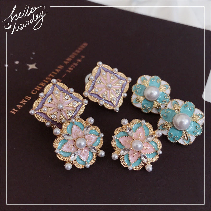 Flower Pearl Earrings Crystal Studs Colorful Earrings Stud with S925 Silver Pin