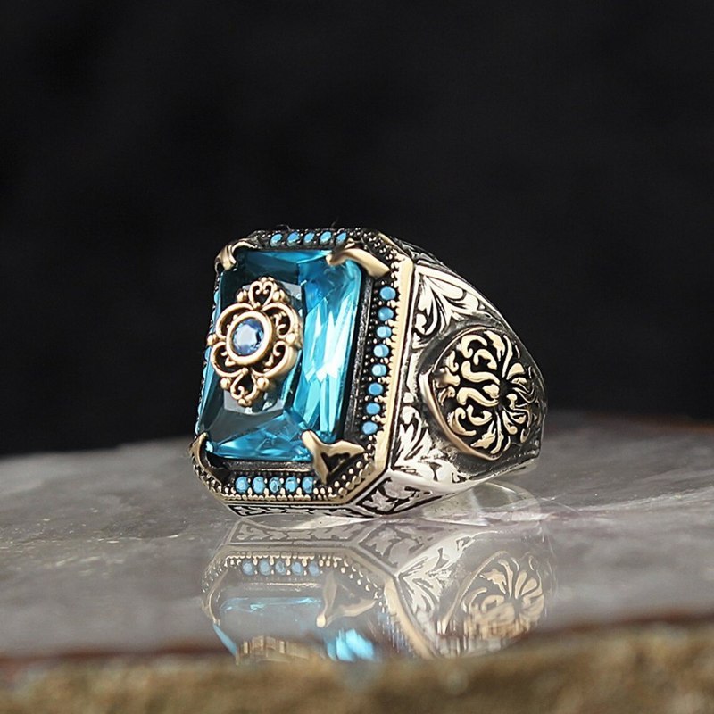 Shield Ring for Men Colored Stone Classic Ring Ancient Silver Style