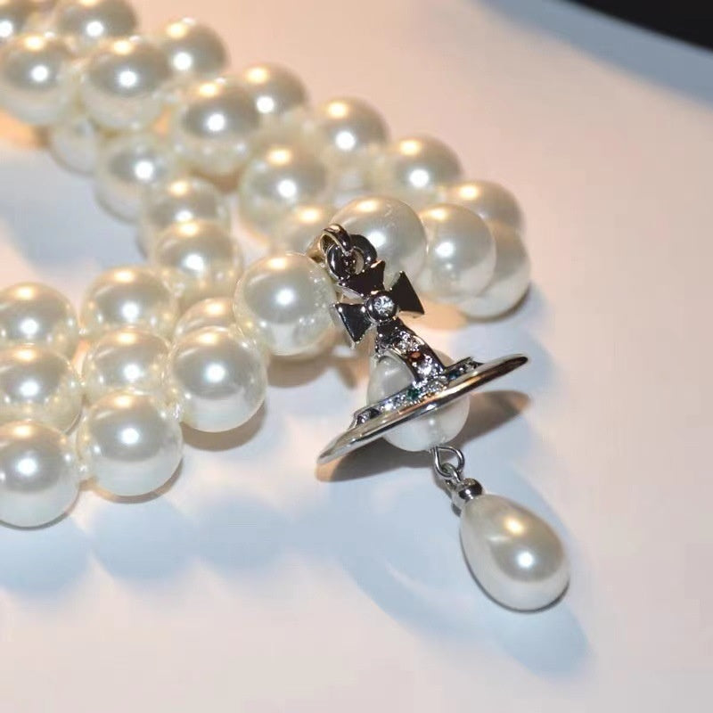 Shell Pearl Necklace with Saturn Pendant Pearl Drop Gold And Silver Avaliable