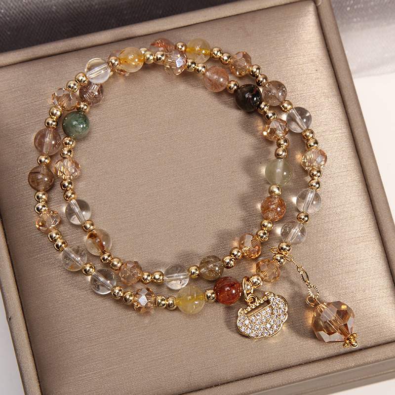 Multistrands Crystal Bracelet | Stacked Color Crystal Bracelet | Simple Longevity Lock Charm Strawberry Crystal Garnet Beaded Bracelet