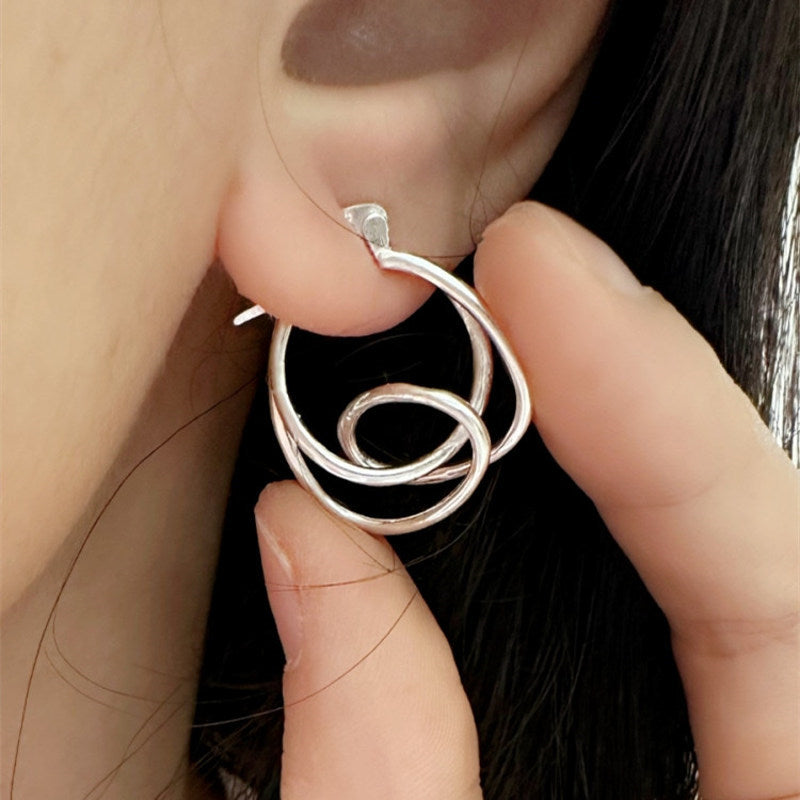 S925 Silver Freeform Hoop Earring | Irregular Hoop Silver Earrings | Large Silver Hoop Circle Earrings