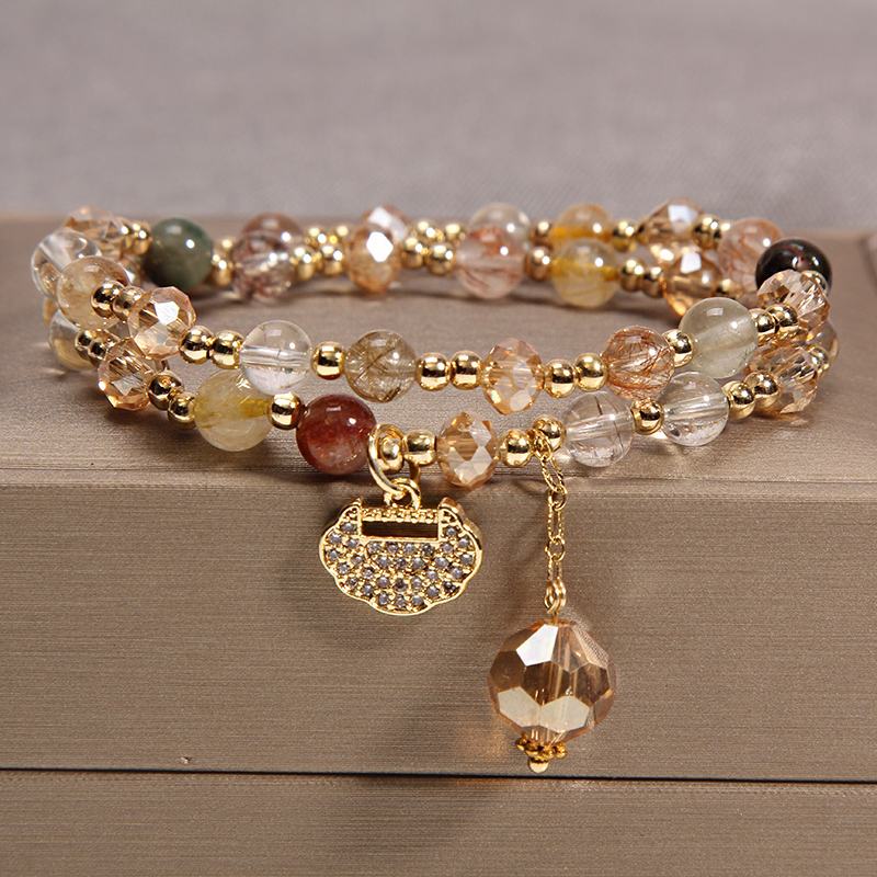 Multistrands Crystal Bracelet | Stacked Color Crystal Bracelet | Simple Longevity Lock Charm Strawberry Crystal Garnet Beaded Bracelet
