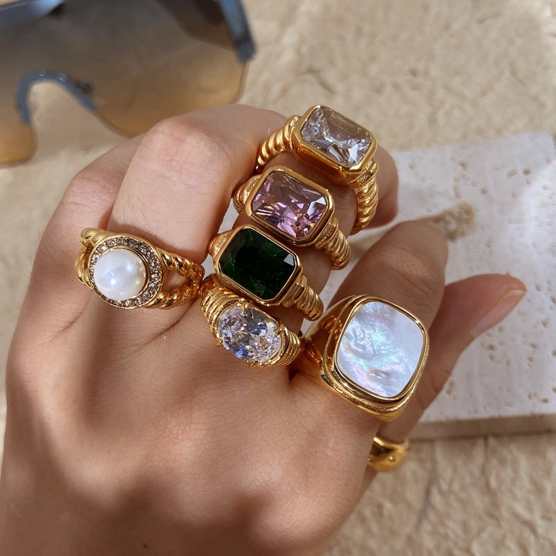 Zircon Rings Pearl and Natural Stone Ring 14K Gold Plated