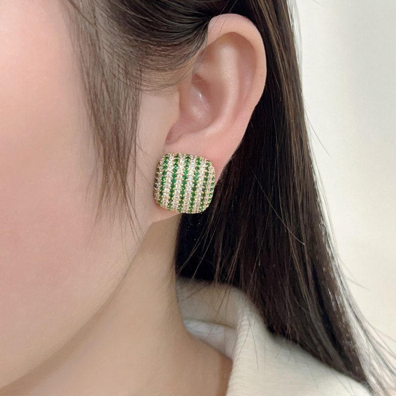 Pendientes de cristal cuadrados verdes, pendientes Huggie de diamantes de oro blanco con pasadores de plata S925