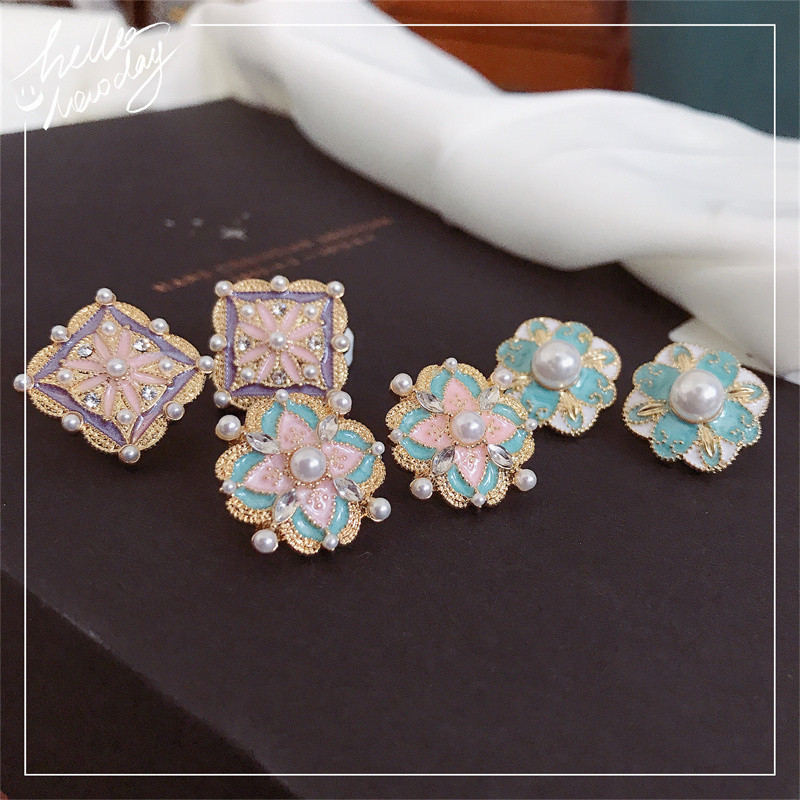 Flower Pearl Earrings Crystal Studs Colorful Earrings Stud with S925 Silver Pin