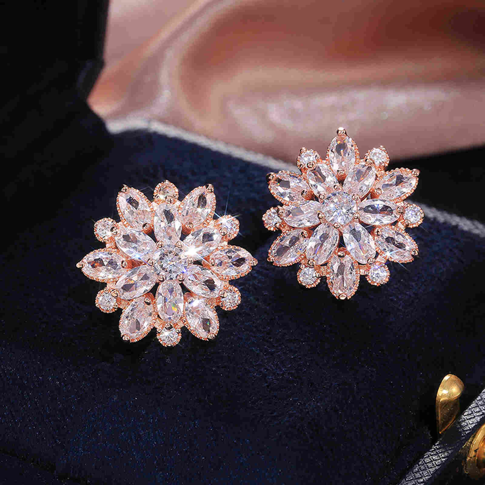 Luxurious Sunflower Earrings Stud Double Layer Zircon Women's Earrings with S925 Silver Pin