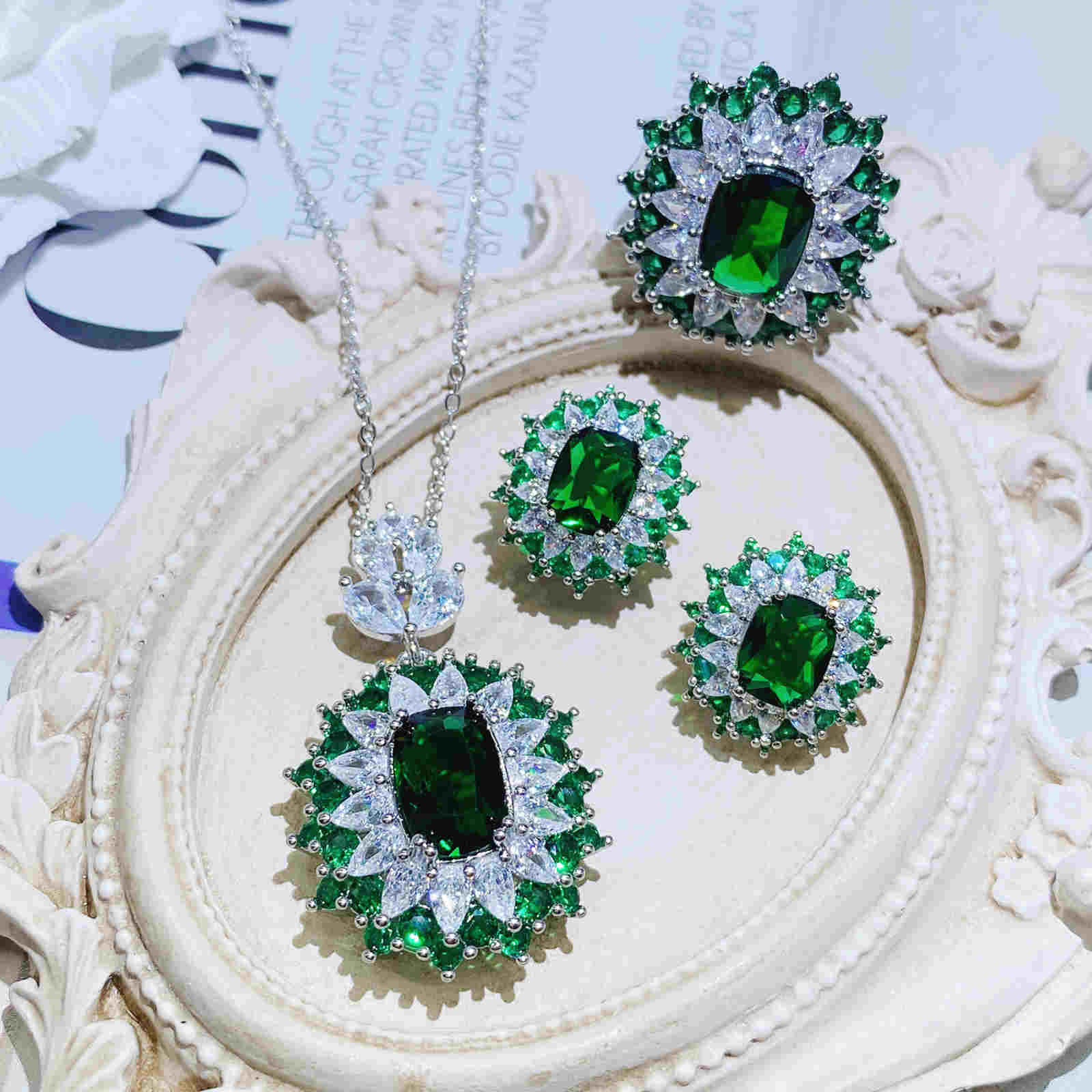 Jewelry Set Blue and Green Synthetic Quartz Crystal Earrings Necklace and Ring Set
