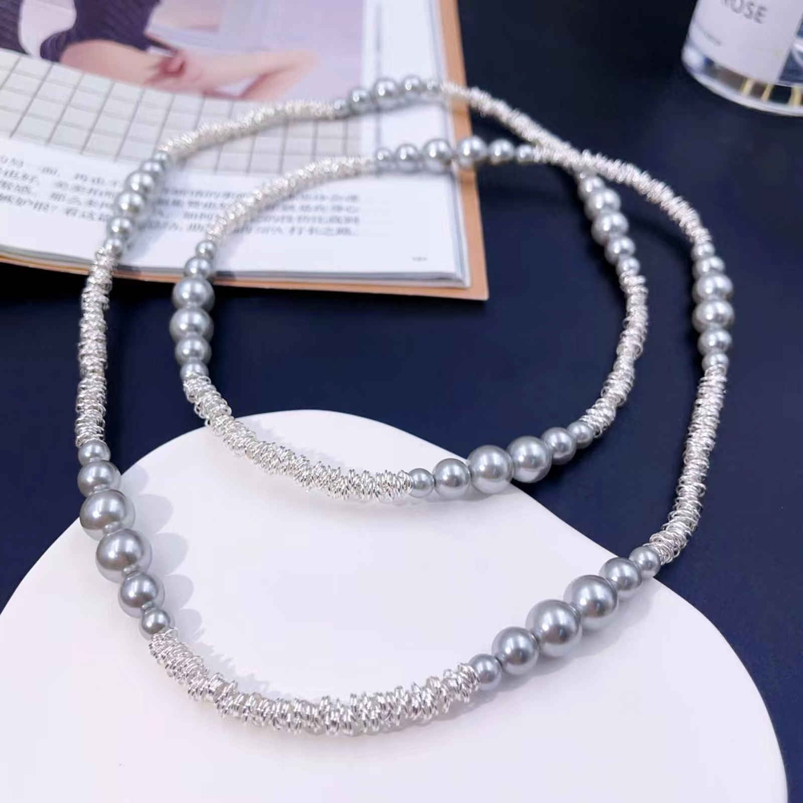 100cm Long Shell Pearl Necklace with Shiny Shattered Silver Design A Lady's Must-Have