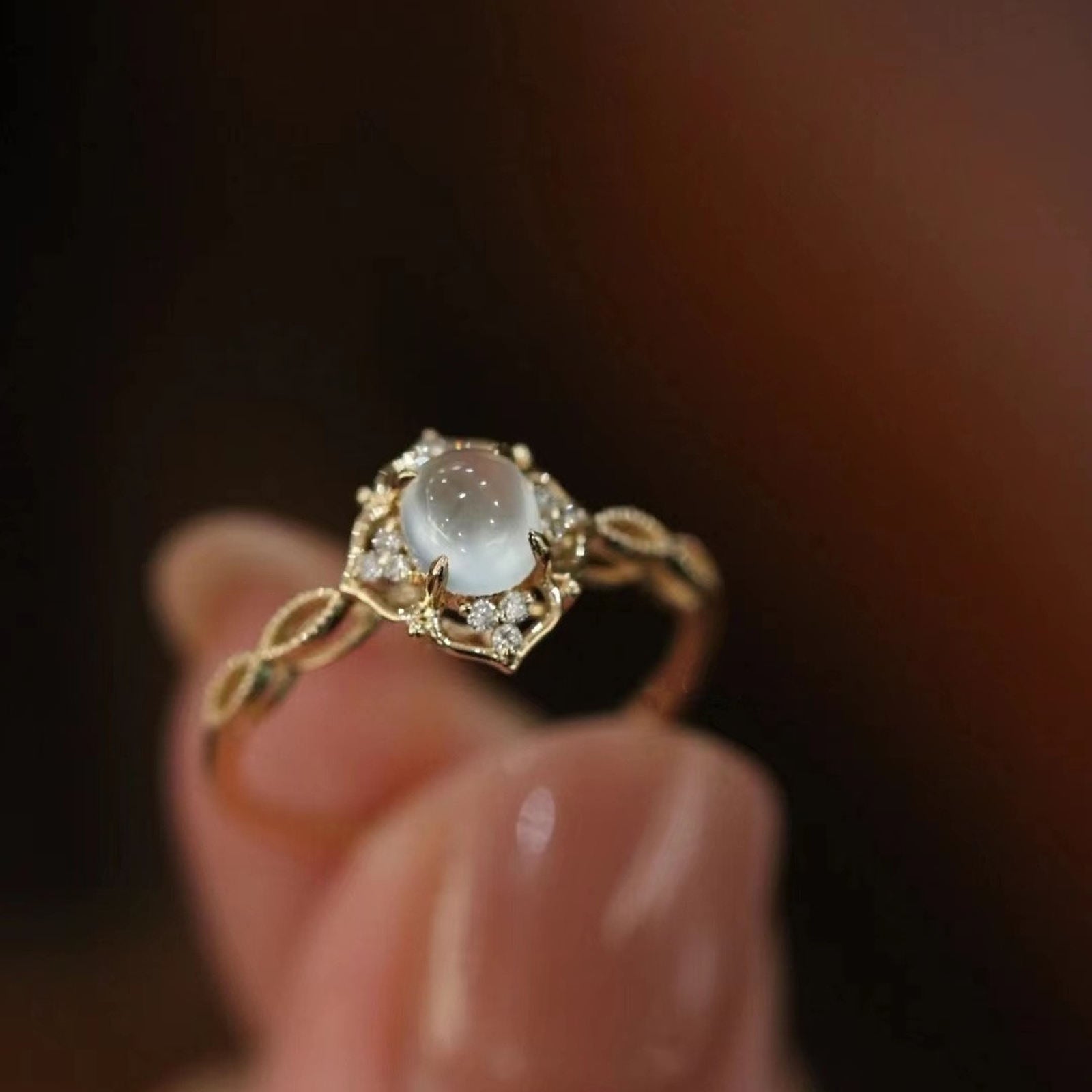 18K Gold Plated Moonstone Ring Adjustable Size Romantic Natural Stone Ring