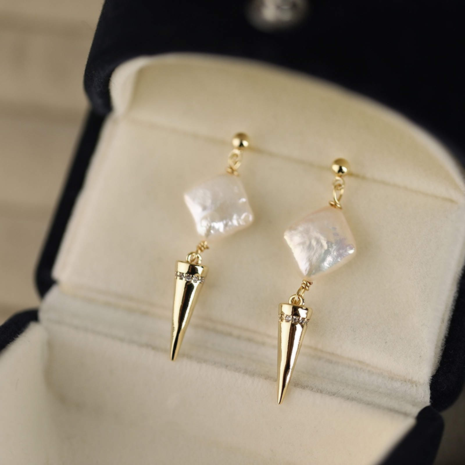 AAA Freshwater Baroque Pearl Earrings Gold Tapered Drop Earrings with Silver Pin