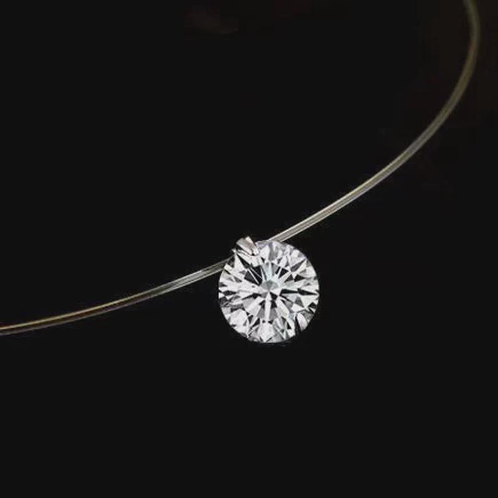 Floating 3ct Diamond Necklace Invisible Chain 8mm Big Crystal Zircon Pendant Necklace 45cm Long