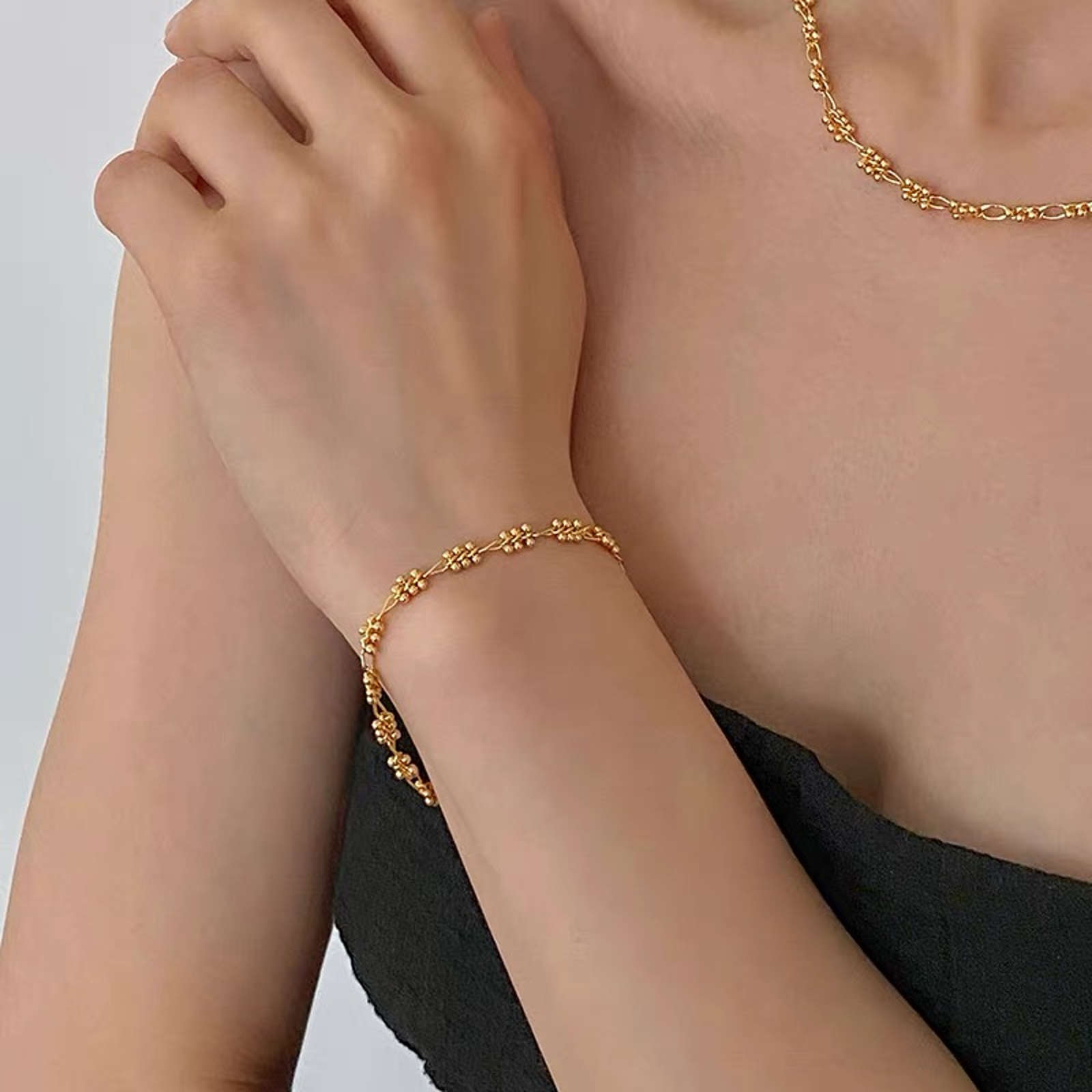 Solid 18K Gold Plated Chain Necklace and Bracelet, Double Strands Necklace 18 Inches Adjustable