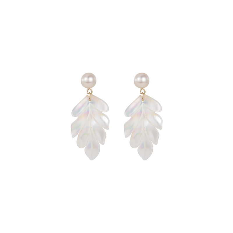 Pendientes colgantes de nácar con clip y pasador, diseño de hoja, pendientes de perlas con pasador de plata