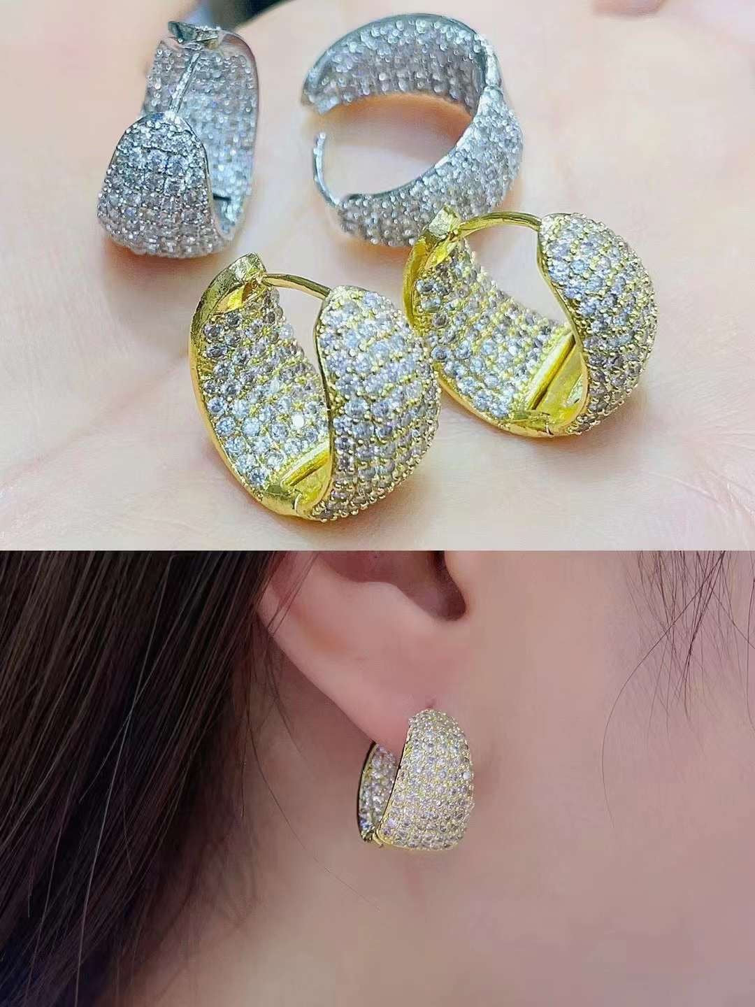 Pendientes de aro gruesos grandes de 18 mm Pendientes de aro de diamantes Huggie en oro y plata