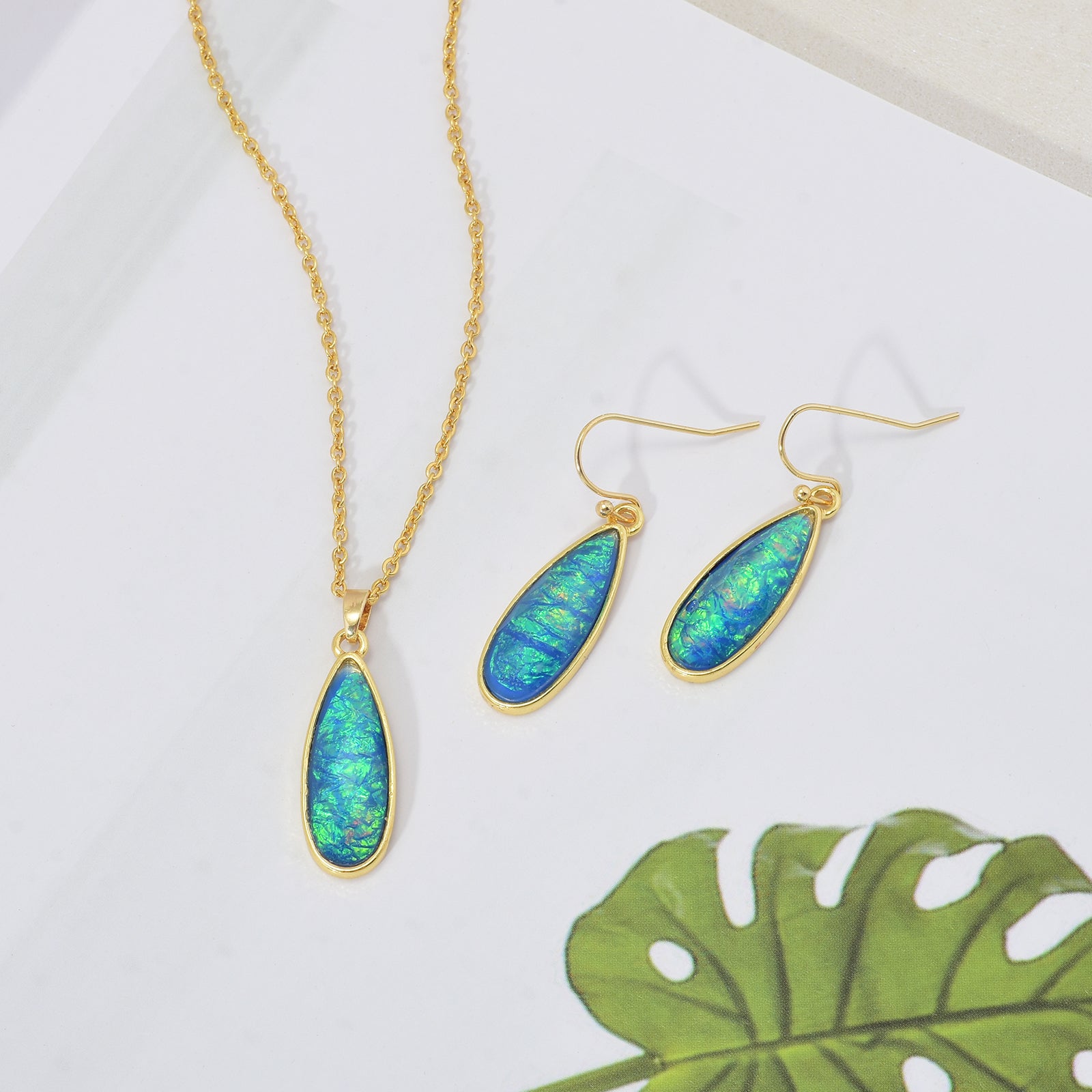 Opal Jewelry Set Oil Paint Vibe Earrings and Necklace Set Gold Chain with Blue and Green Opal Pendant