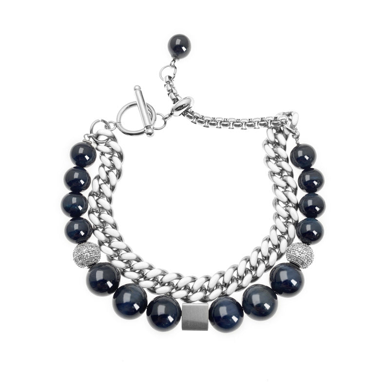 8MM Black Green Pearl Beaded Bracelet | Hip Hop Stone Bracelet | OT Clasp Cuban Chain Double Stack Bracelet