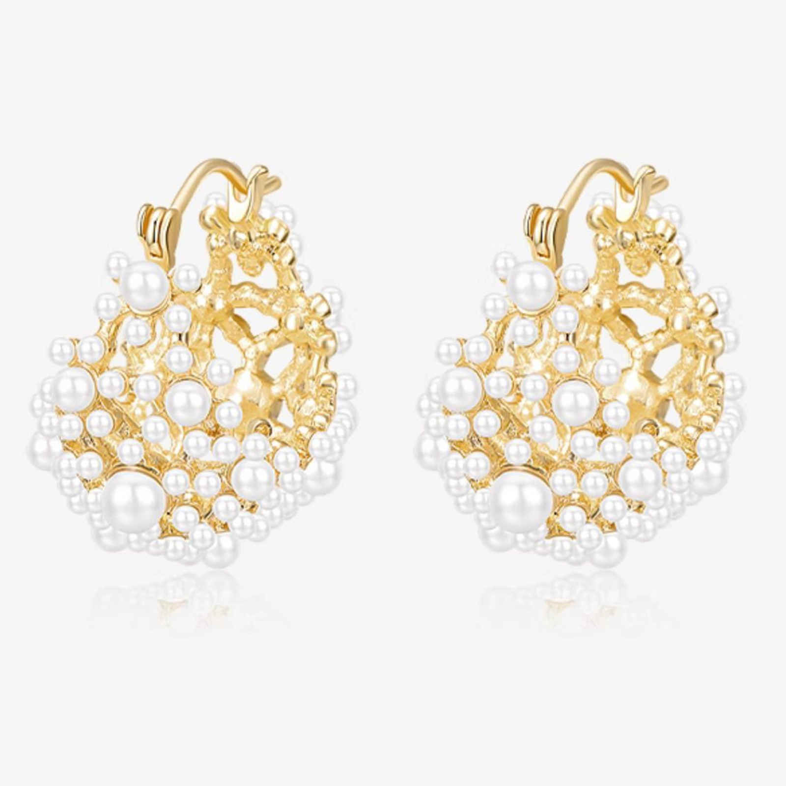 Floral Pearl Hoop Earrings Full Pearl Hollow Basket Style Earrings with S925 Silver Pin