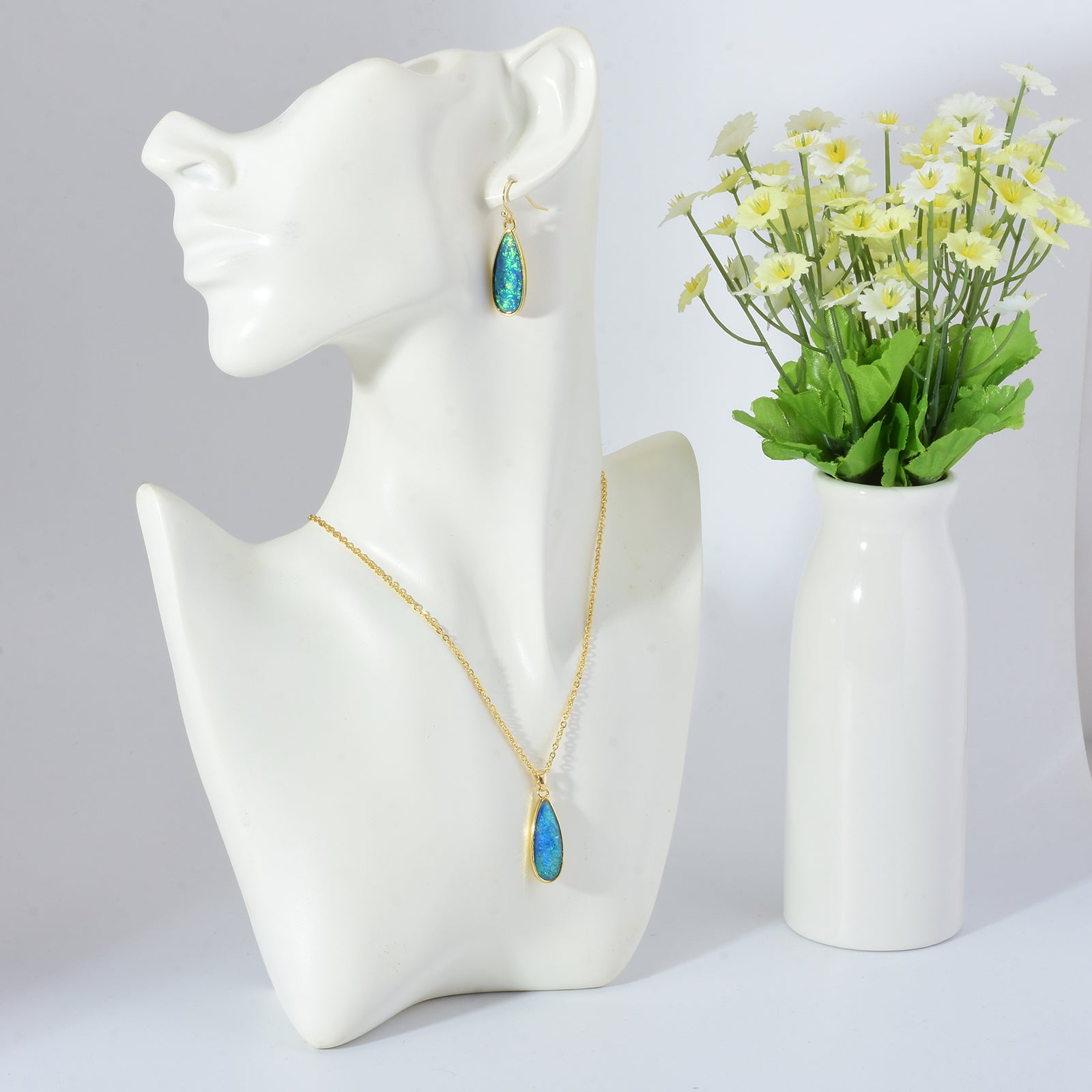 Opal Jewelry Set Oil Paint Vibe Earrings and Necklace Set Gold Chain with Blue and Green Opal Pendant