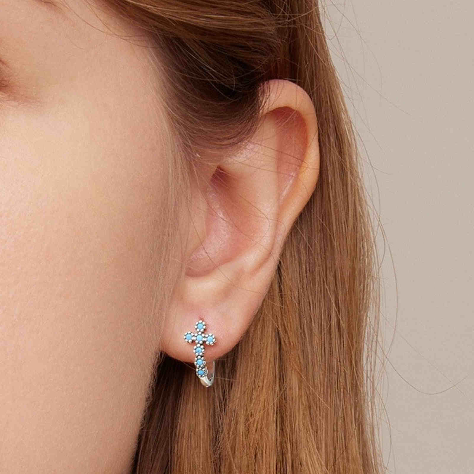 Silver Turquoise Earrings Blue Cross Style Earrings English Lock Earring Hoop