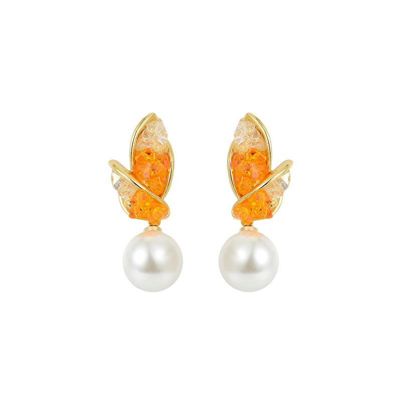 15MM Large Pearl Earrings Green Orange Crystal Leaf Shaped Earrings with S925 Silver Pins