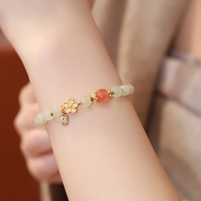 Pulsera de loto de jade natural | Pulseras blancas tejidas a mano con cuentas redondas | Pulseras De Calcedonia Ajustables Para Mujer