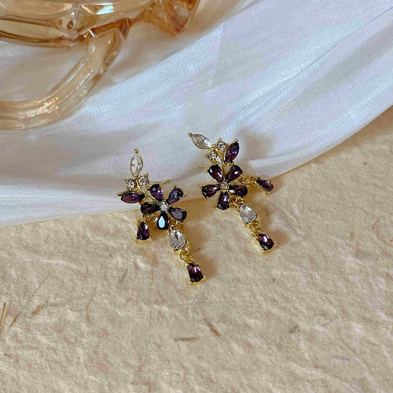 Crystal Flower Stud Earrings Super Shiny Purple Diamond Tassel Earrings