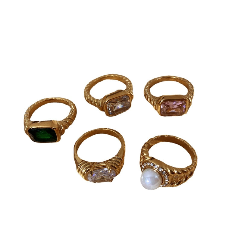 Zircon Rings Pearl and Natural Stone Ring 14K Gold Plated