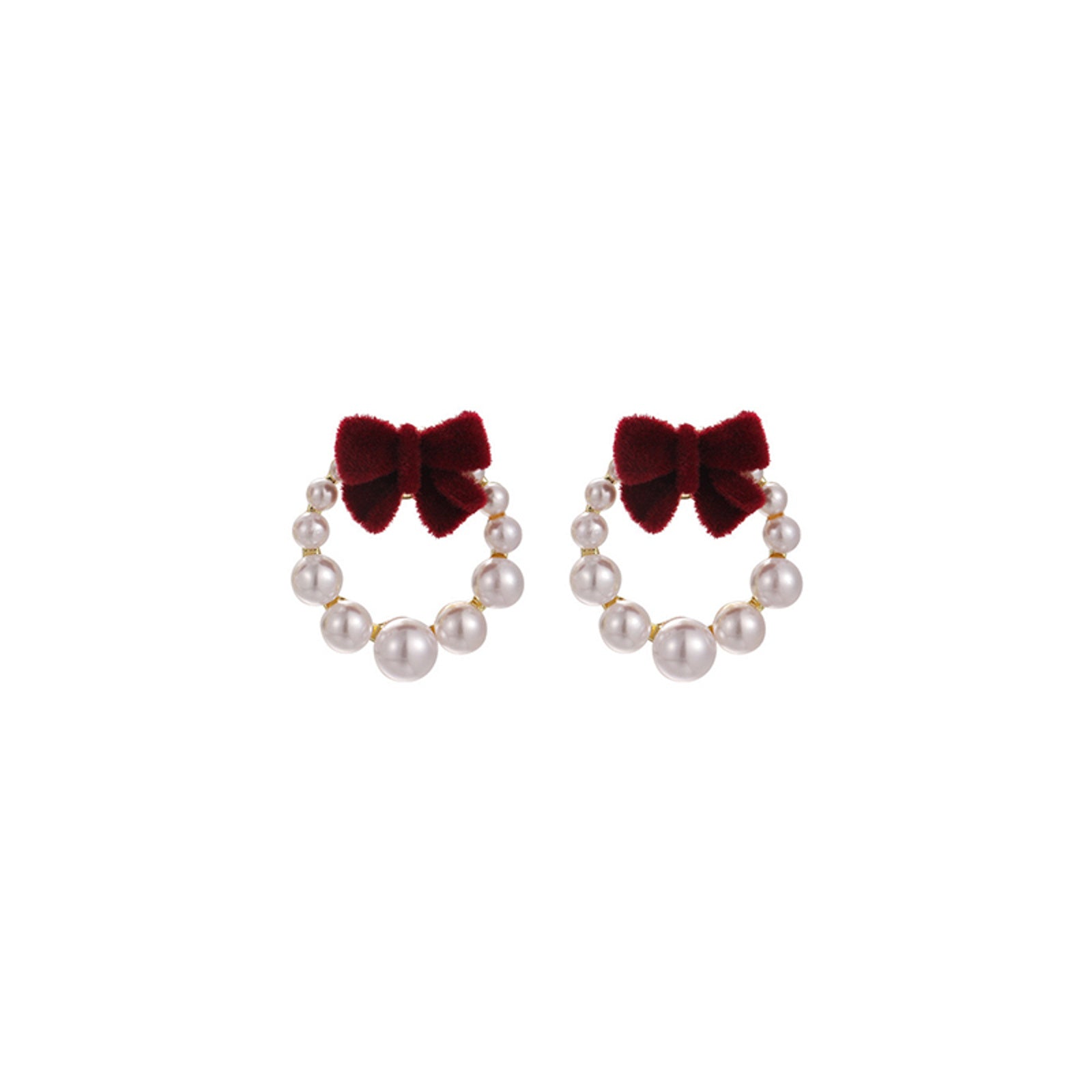 Xmas New Year Red Earrings Bow with Pearl Wreath Earring Studs with Silver Pin