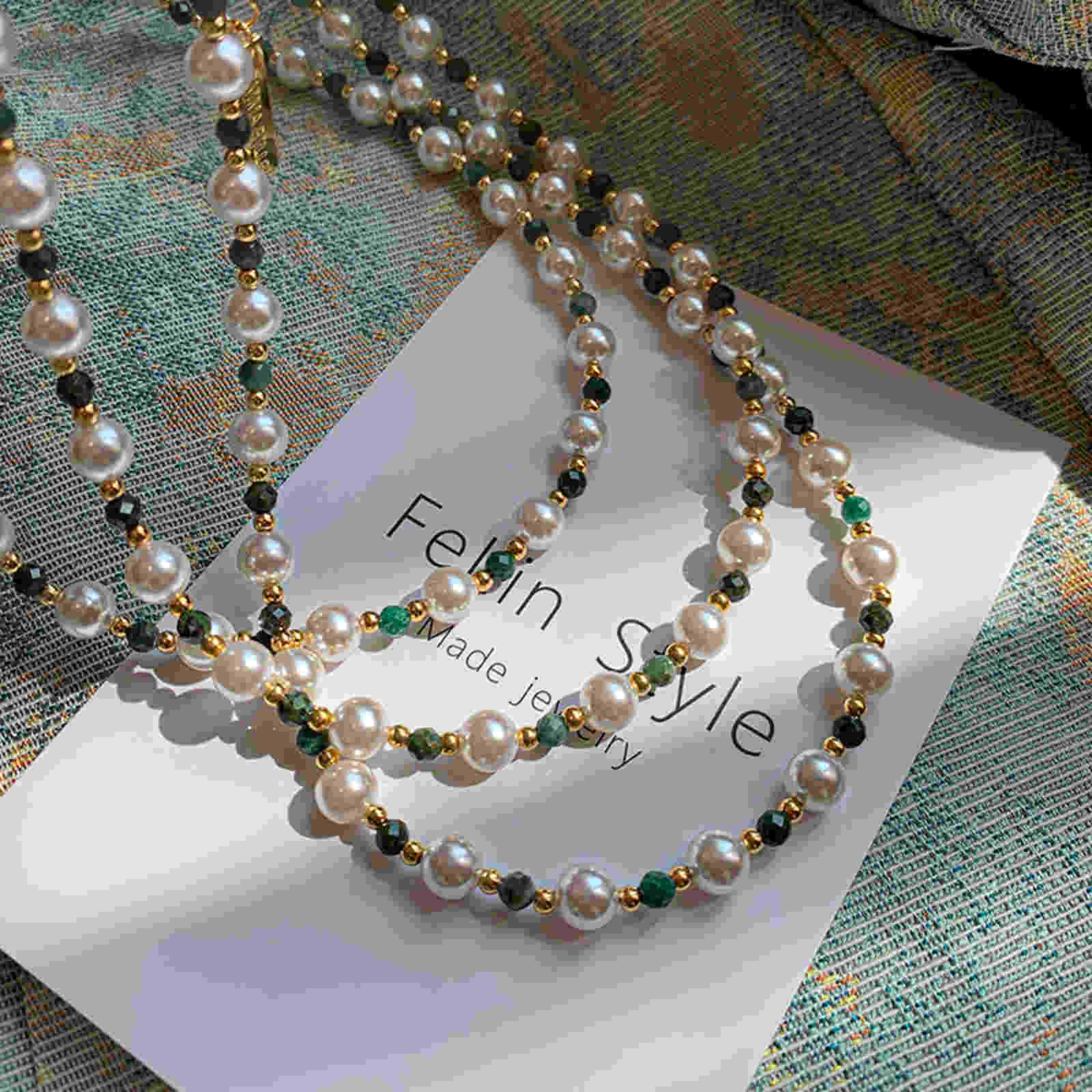 Shell Pearl with Natural Green Stone Necklace Double Layer Necklace
