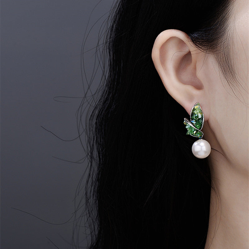 15MM Large Pearl Earrings Green Orange Crystal Leaf Shaped Earrings with S925 Silver Pins