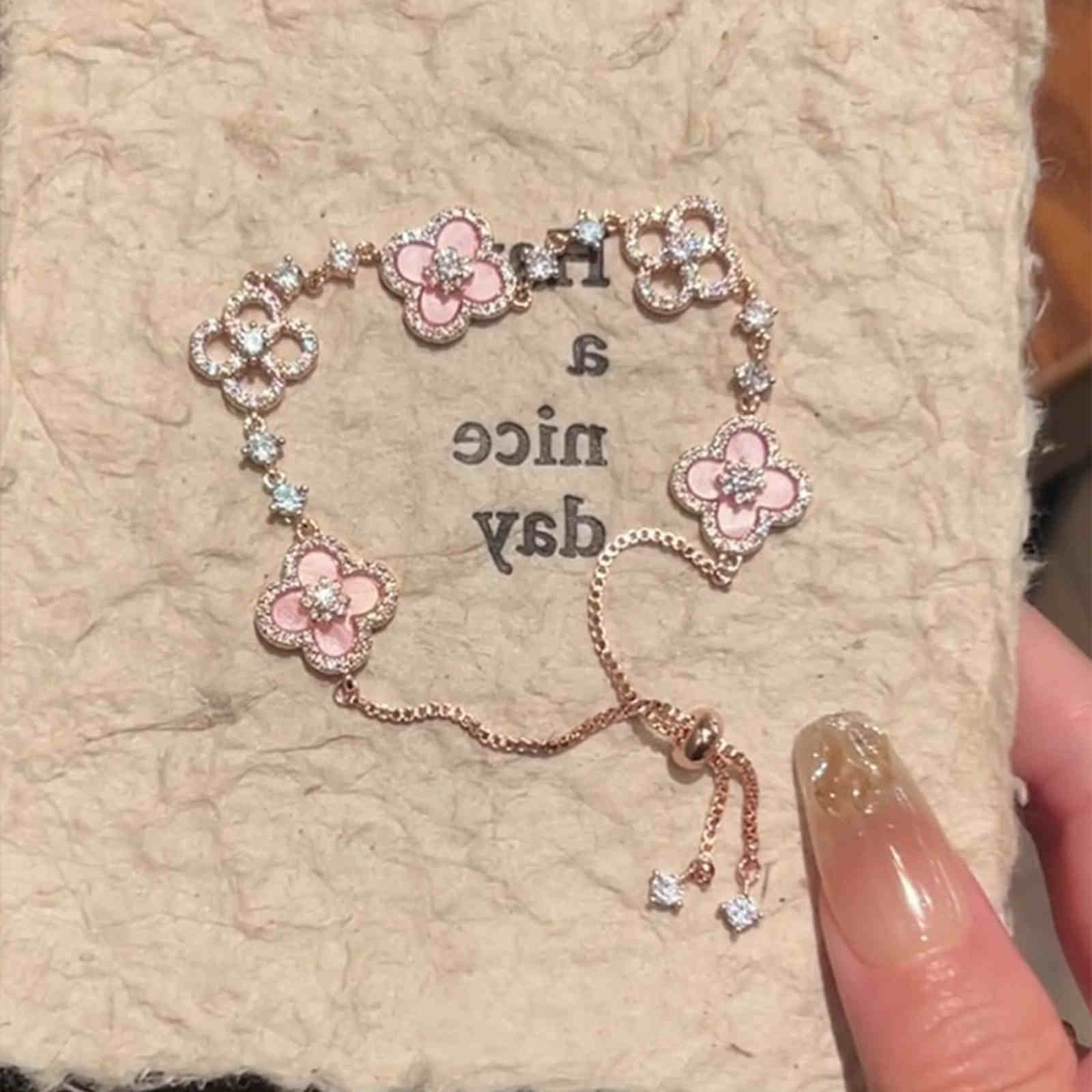 Crystal Clover Bracelets Luxury Style 14K Gold Plated Pink Clover Bracelet Length Adjustable