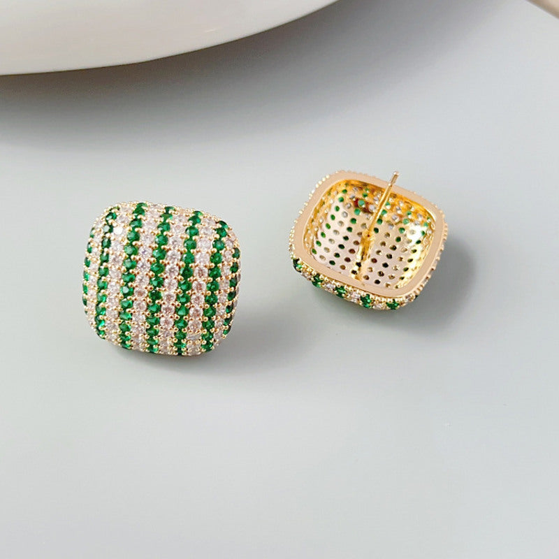 Pendientes de cristal cuadrados verdes, pendientes Huggie de diamantes de oro blanco con pasadores de plata S925