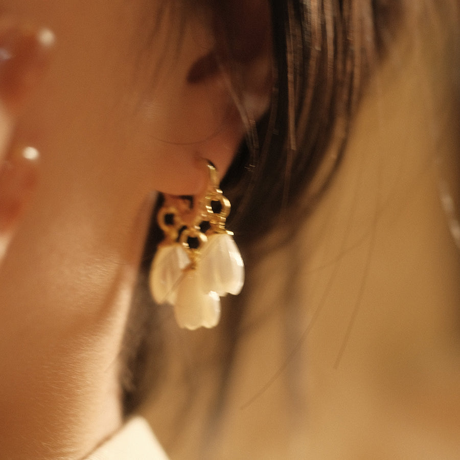 Lily of The Valley Earrings | 3 Moonstone Drop Earrings | Gold Hoop Earrings in Sterling Silver Pin