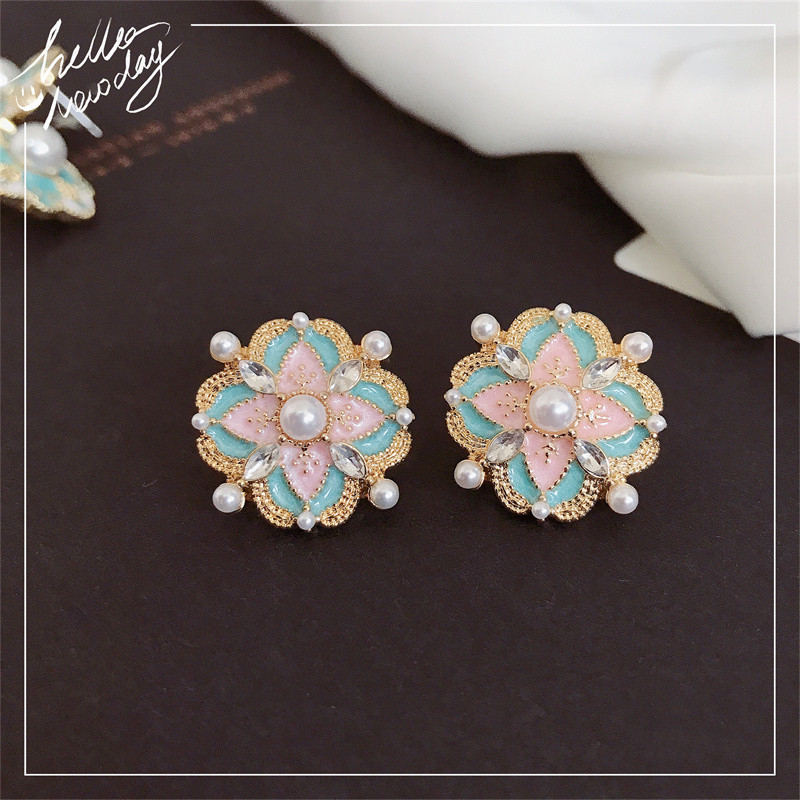 Flower Pearl Earrings Crystal Studs Colorful Earrings Stud with S925 Silver Pin