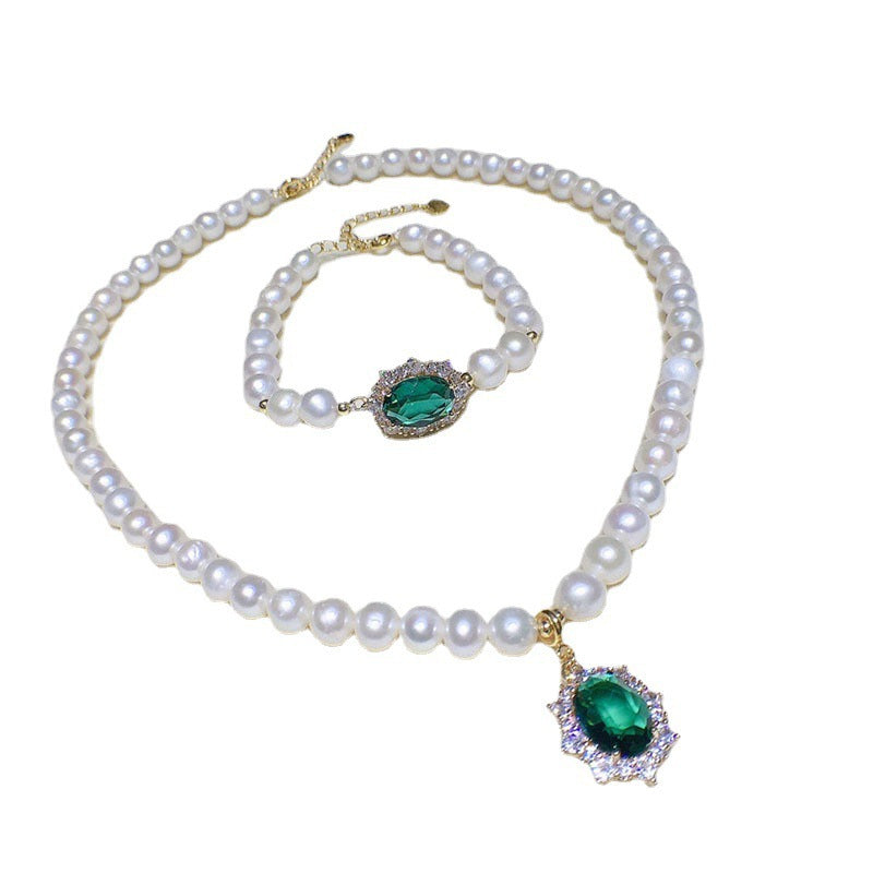 Collar de perlas naturales de agua dulce de 8MM, conjunto de pulsera, colgante de circón verde