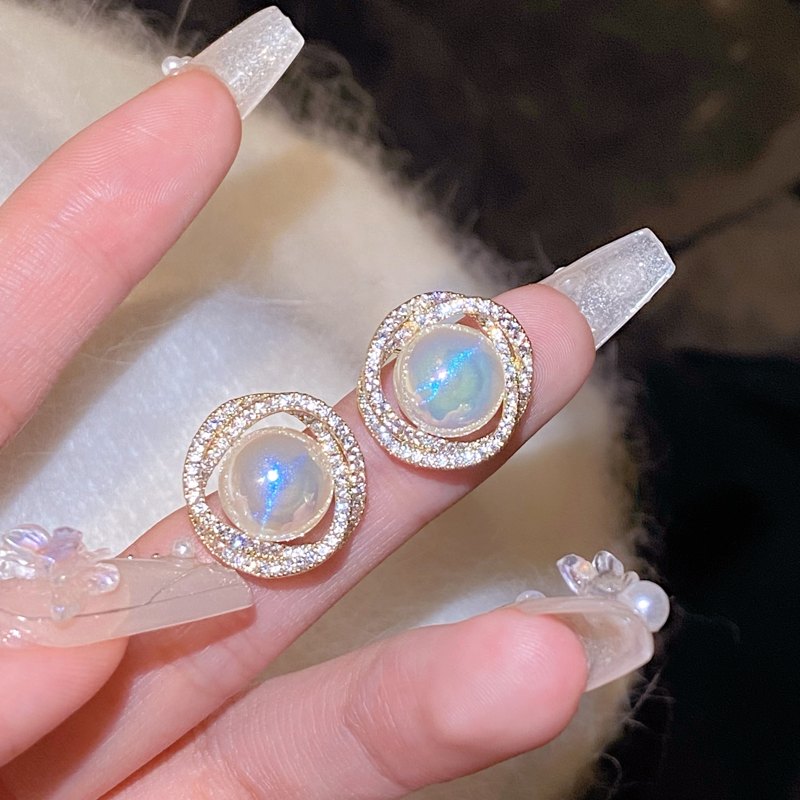 Moonstone And Crystal Earring Studs Opal Earring Clip and S925 Silver Pin