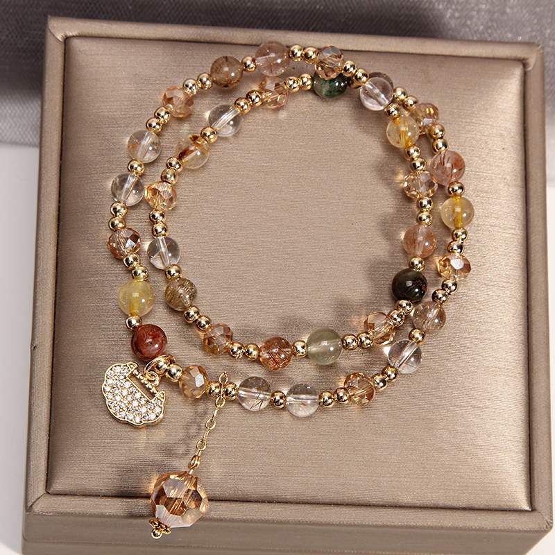 Multistrands Crystal Bracelet | Stacked Color Crystal Bracelet | Simple Longevity Lock Charm Strawberry Crystal Garnet Beaded Bracelet