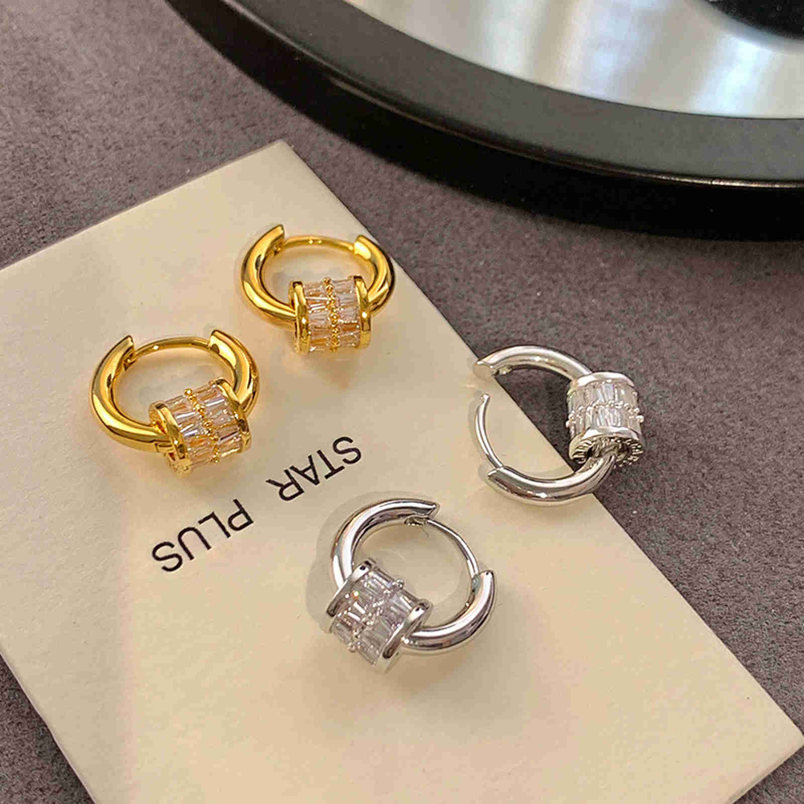 Small Chunky Hoop Earrings with Gold and Silver with Crystal Halo Hoop Drop Earrings S925 Silver Clasp