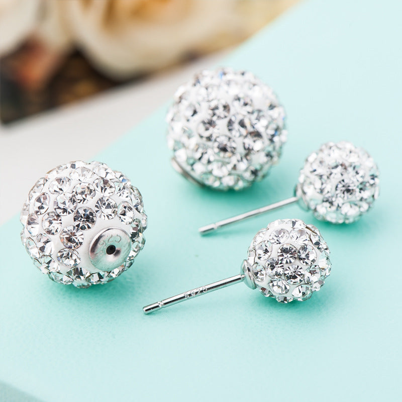 Double Sided Earring Studs Bling Crystal Ball Zircon Stud Earrings with S925 Silver Pin