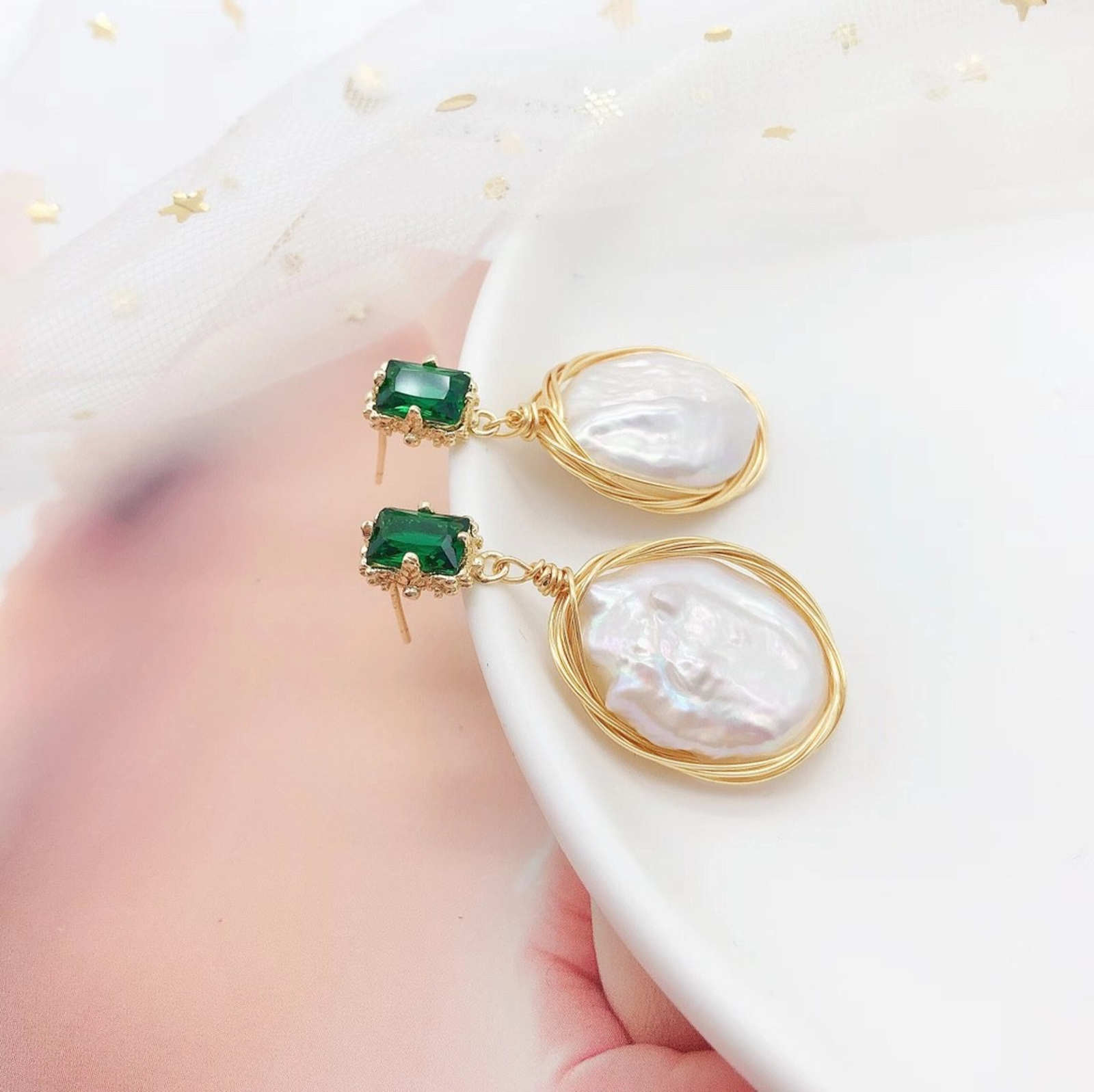 Pendientes colgantes de perlas barrocas auténticas, pendientes de perlas grandes AAA de alto brillo de 12mm con ágata verde y Pin de plata S925