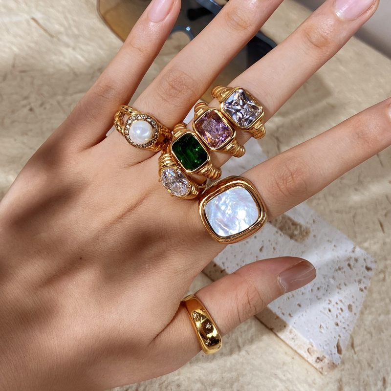 Zircon Rings Pearl and Natural Stone Ring 14K Gold Plated
