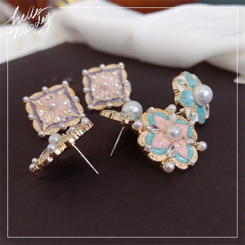 Flower Pearl Earrings Crystal Studs Colorful Earrings Stud with S925 Silver Pin